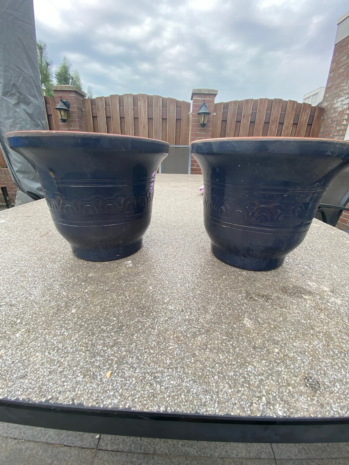 Set van 2 donkerblauwe bloempotten, Ophalen, Overige materialen, Gebruikt, Balkon