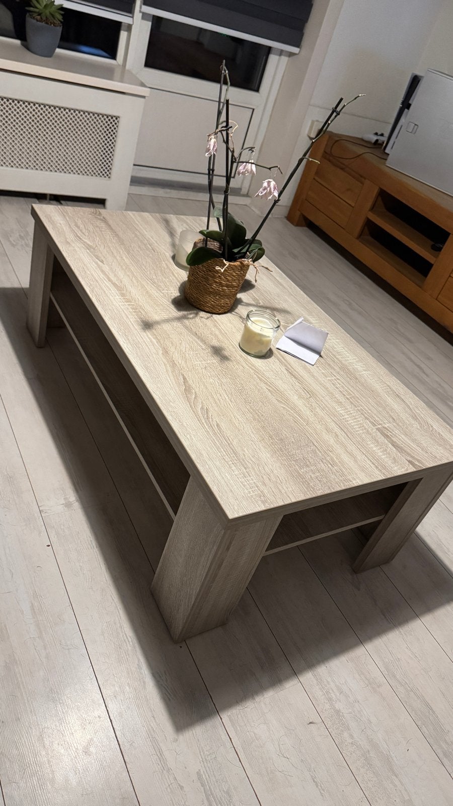 Salontafel licht hout met opbergruimte, Ophalen, 50 – 75, Gebruikt, 100 tot 150 cm