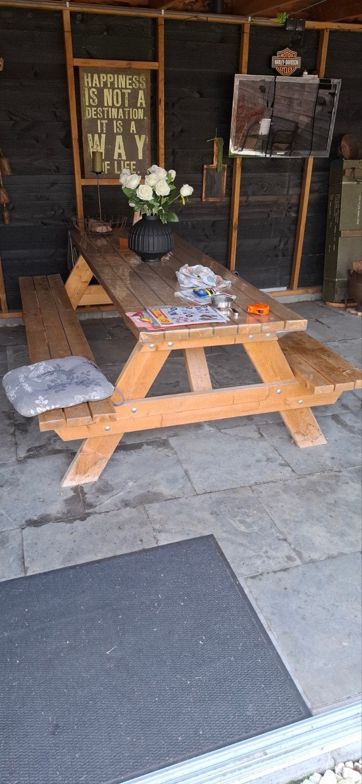 Houten picknicktafel 220 lang, Ophalen, Gebruikt, Rechthoekig, Hout