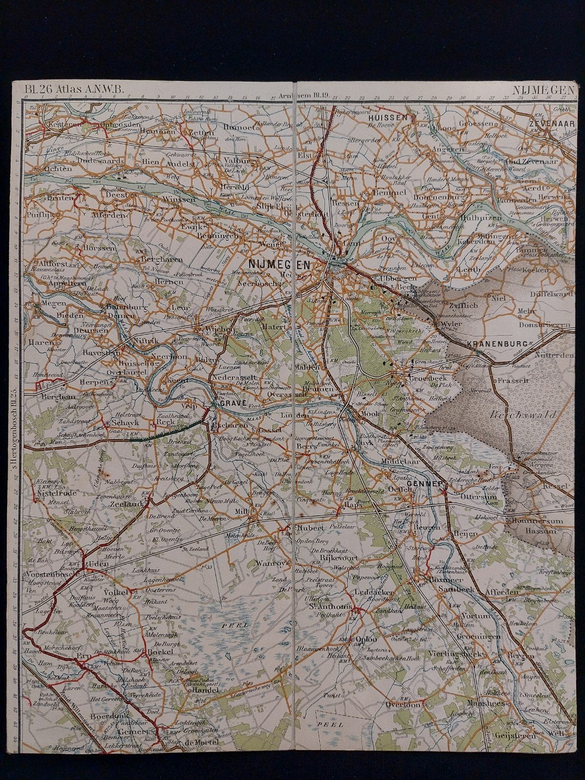 26 / Nijmegen en omgeving plattegrond uit Atlas ANWB in 1920, Boeken, Gelezen, ANWB, Ophalen of Verzenden, Landkaart