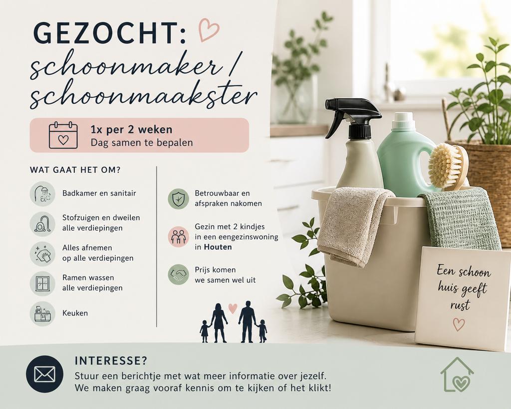 Gezocht: schoonmaakster voor leuk huis!, Vacatures, Vacatures | Schoonmaak en Facilitaire diensten