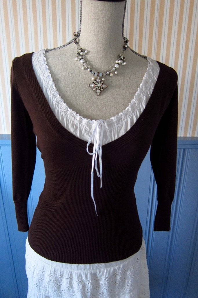 elegante bruine trui van Kookai met wit broderie halsje - xs, Bruin, Kookai, Ophalen of Verzenden, Zo goed als nieuw