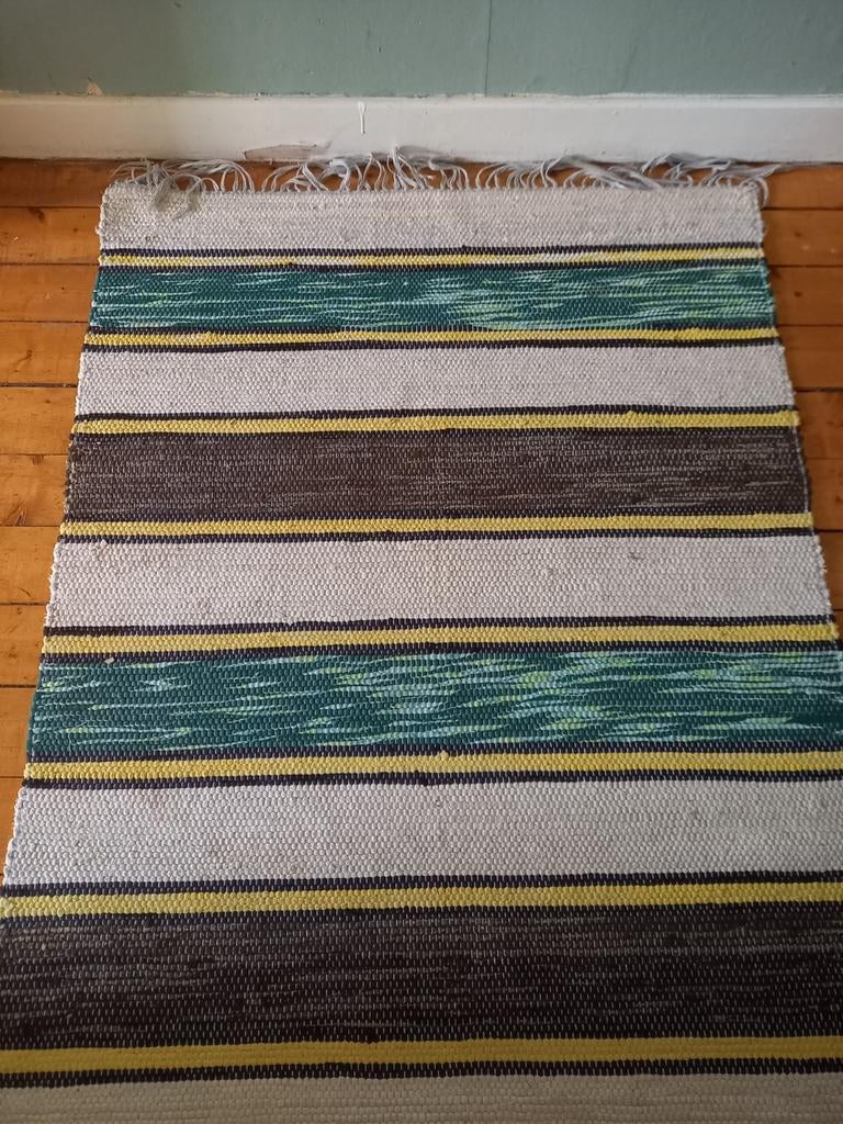 Zweedse katoenen loper Värmland - Groen, roomwit, geel!, Gebruikt, Groen, 200 cm of meer, Rechthoekig