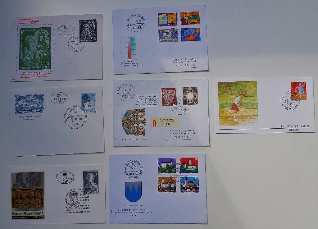Zwitserland en Oostenrijk, FDCs, Enveloppen en stempels, 7x, Postzegels en Munten, Brieven en Enveloppen | Buitenland, Ophalen