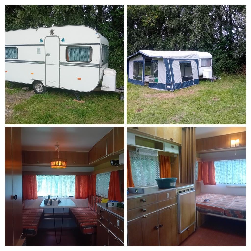 Nette retro / vintage caravan met nette voortent, Caravans en Kamperen, Caravans, Particulier, Kachel, 500 - 750 kg, Knaus