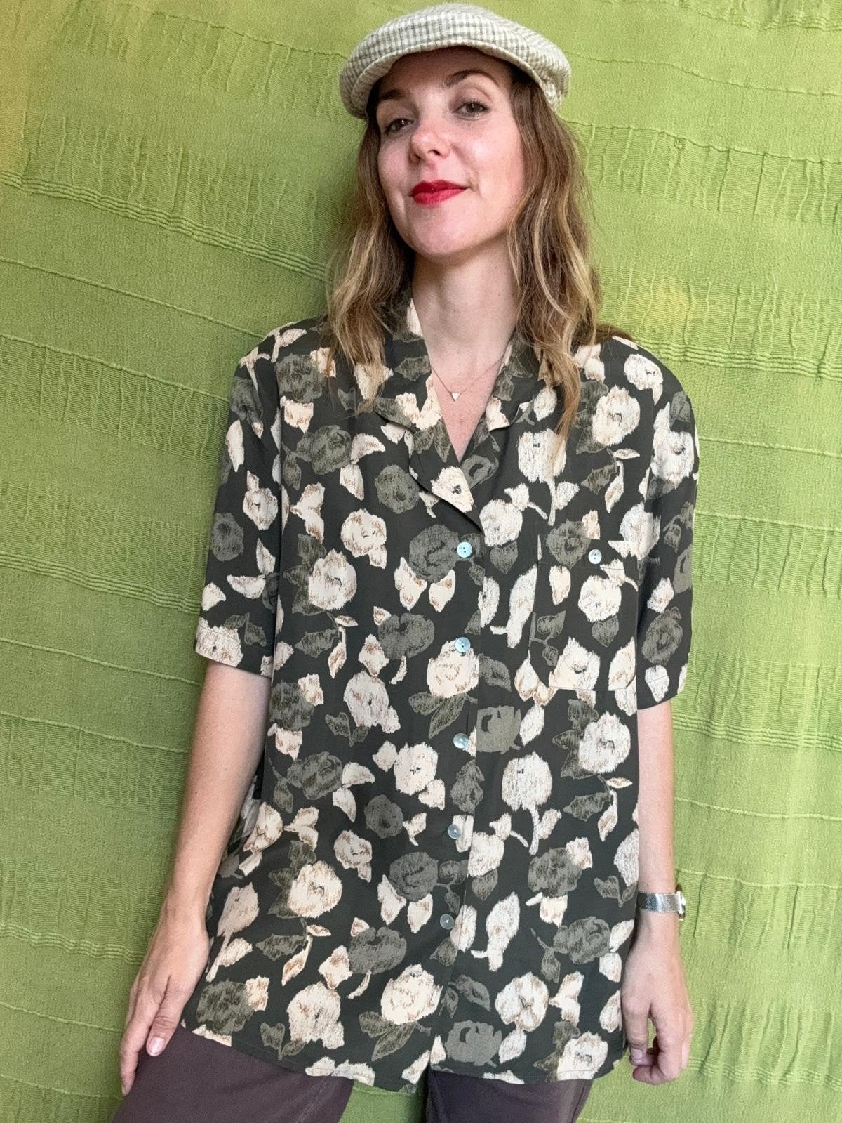 Vintage blouse, maat 42/XL - groen - bloemen - 90's, ,, Maat 42/44 (L), Miss H update, Ophalen of Verzenden