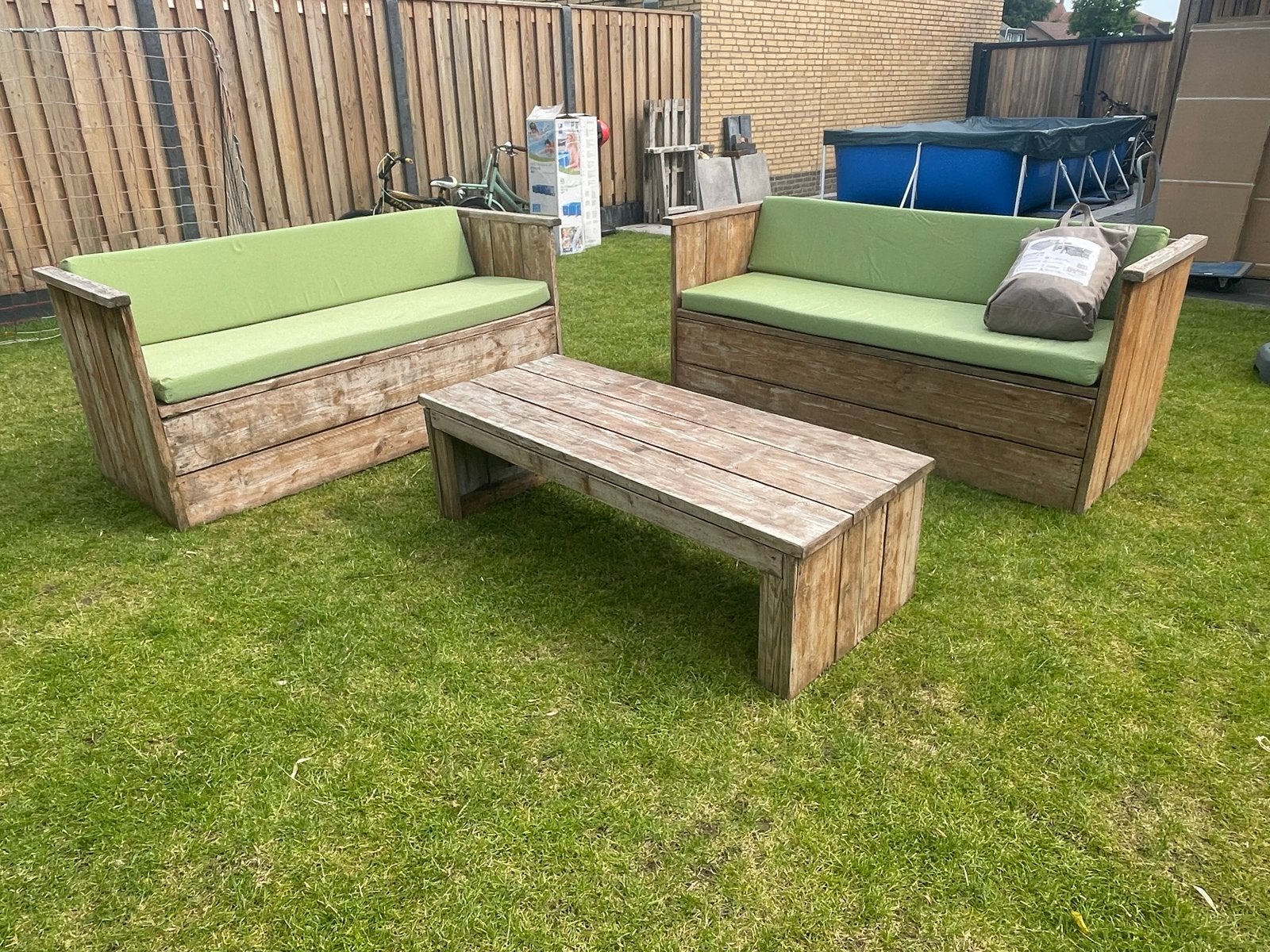 Steigerhouten loungeset met kussens (inc afdekhoes), Ophalen, Gebruikt, 6 zitplaatsen, Bank