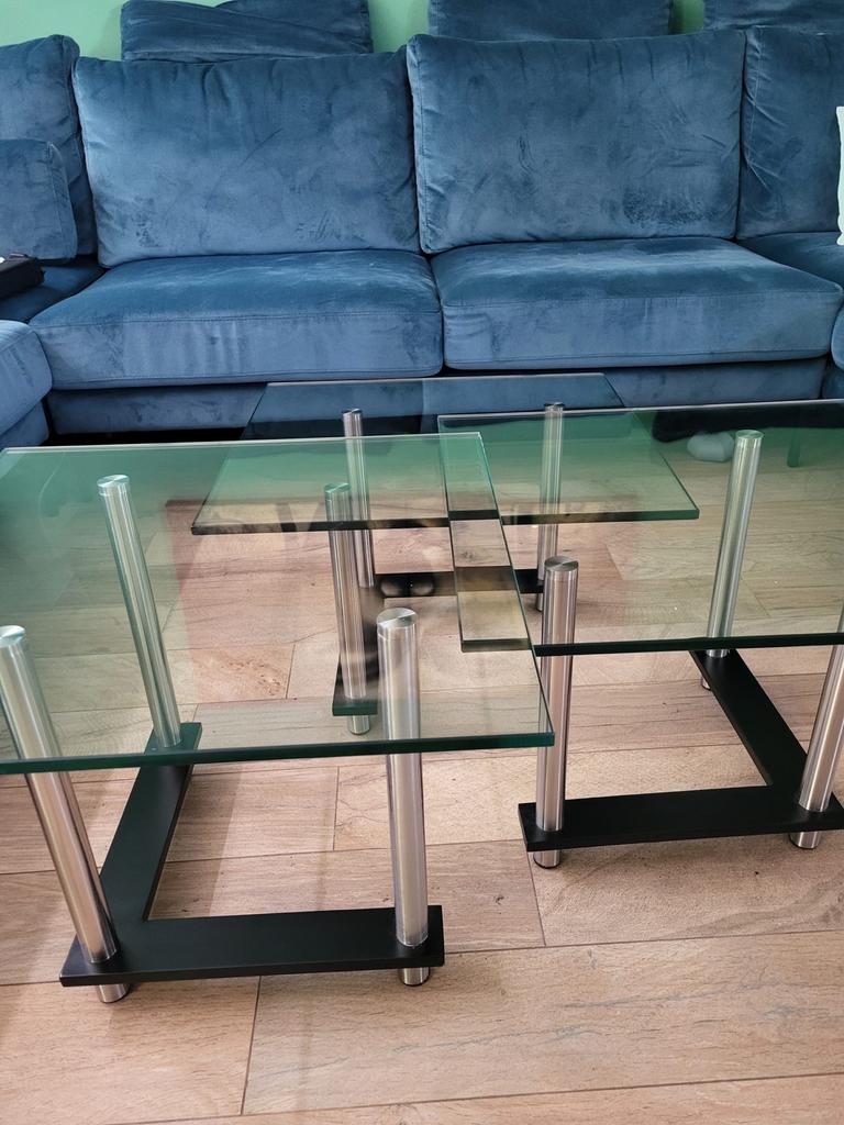 Set van 3 Montèl glazen salontafels met metalen poten, Ophalen, Gebruikt, 50 tot 100 cm, 50 tot 100 cm