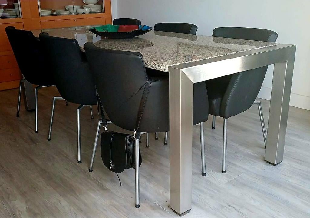 Granieten eettafel met RVS frame - 220x90 cm, Huis en Inrichting, Tafels | Eettafels, Ophalen, Gebruikt, Overige materialen, 200 cm of meer