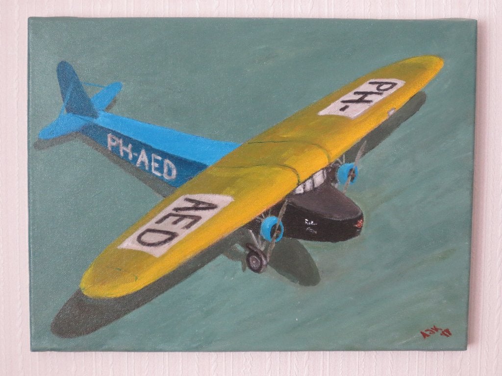 Unicum - Schilderij van vliegtuig - Fokker VIII (1927), Antiek en Kunst, Voertuigen, Ophalen of Verzenden, Textiel, Acrylverf