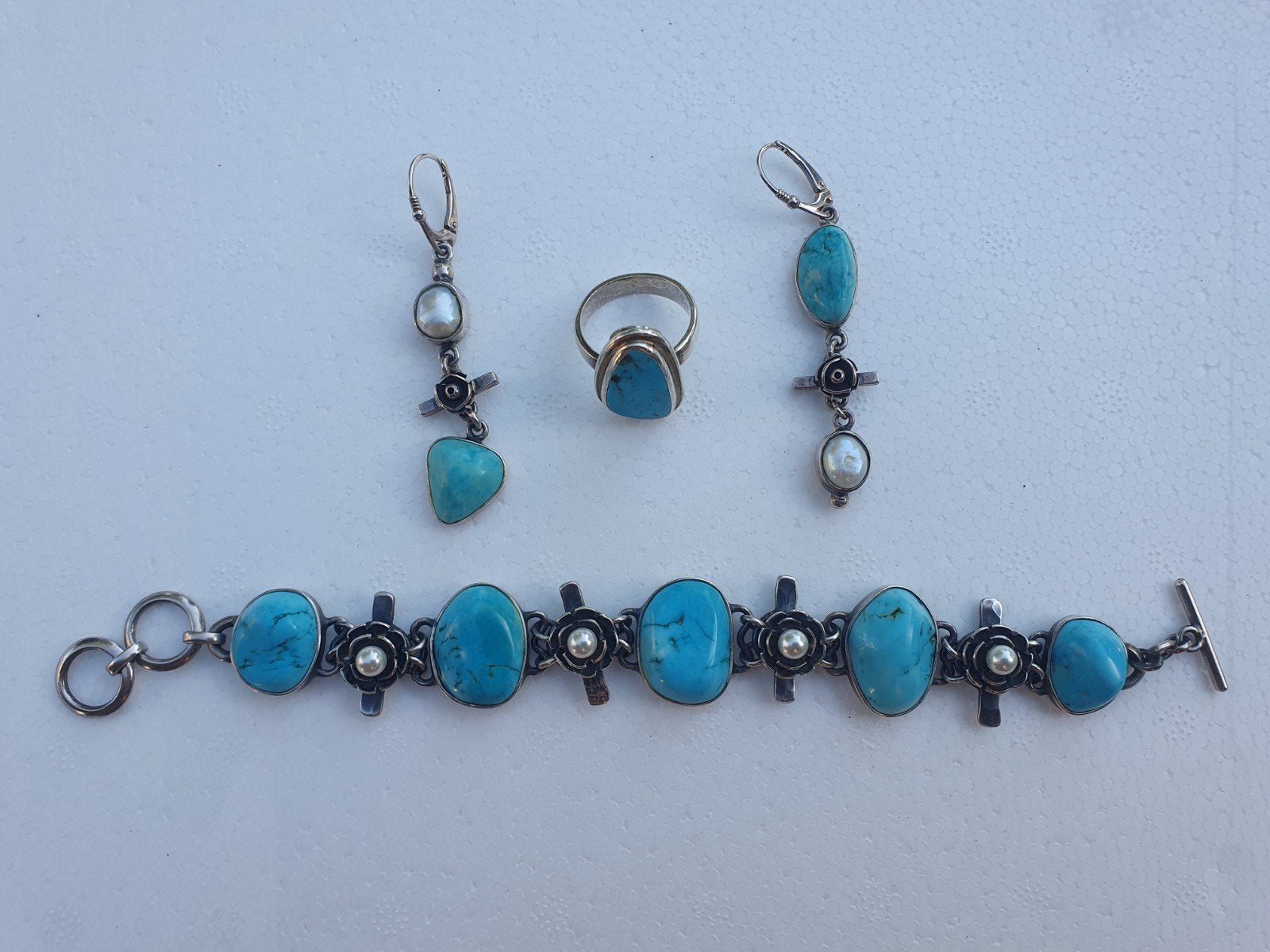 Zilveren sieradenset met turquoise en parels, Met bedels of kralen, Blauw, Ophalen of Verzenden, Zo goed als nieuw