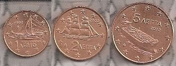 1, 2 en 5 Eurocent Griekenland 2002 met Letter F - UNC, Verzenden, Griekenland, Overige waardes, Setje