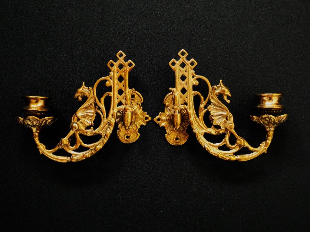 2 Wandkandelaars / pianokandelaars kandelaar met griffioen, Ophalen of Verzenden, Koper of Brons