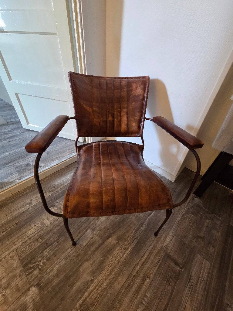 Vintage Fauteuil Cognac Leer Zwart Metaal, Gebruikt, Minder dan 75 cm, Vintage, Ophalen of Verzenden