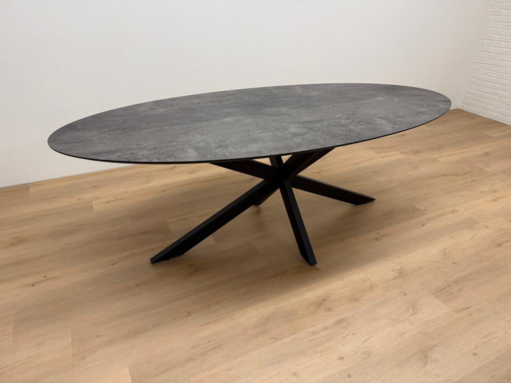 Ovale eettafel HPL steenprint 220x105 - Direct Leverbaar, 100 tot 150 cm, 200 cm of meer, Ophalen of Verzenden, Zo goed als nieuw