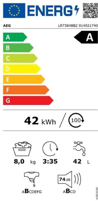 AEG wasmachine LR7384BB2 - 7000 serie - NL/FR, AEG, 1200 tot 1600 toeren, Postbus 1038 5602 BB Eindhoven, 8 tot 10 kg