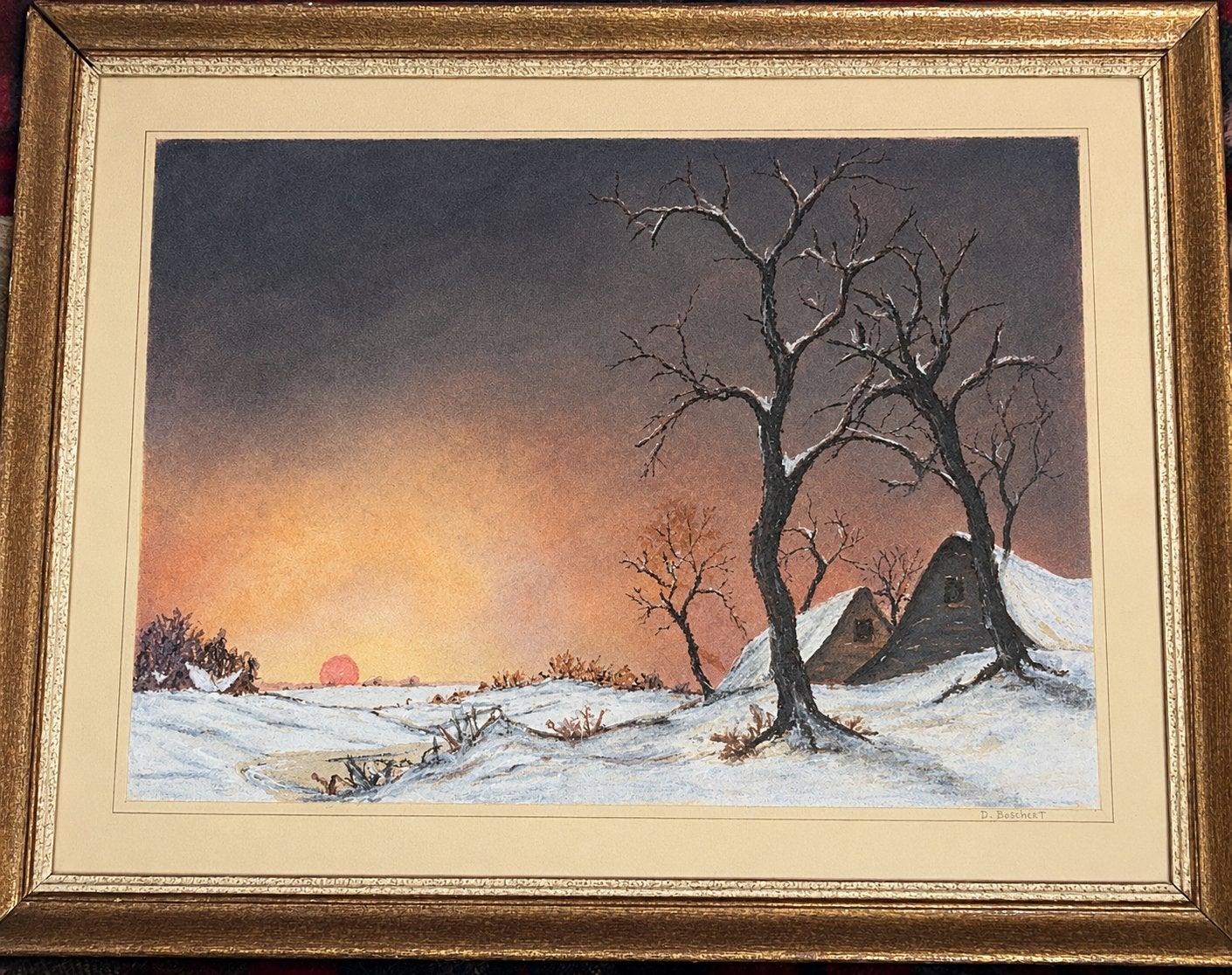 Sfeervol Winterlandschap Schilderij - Gesigneerd D. De Smet, Paneel, Realistisch, Ophalen of Verzenden, Gesigneerd