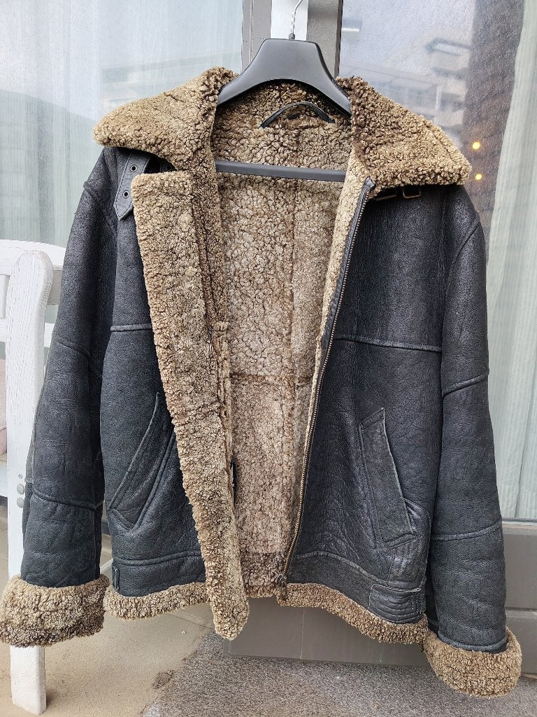 Vintage leren jas met voering van schapenvacht - Large (L), Maat 52/54 (L), Verzenden, Zwart, Vintage