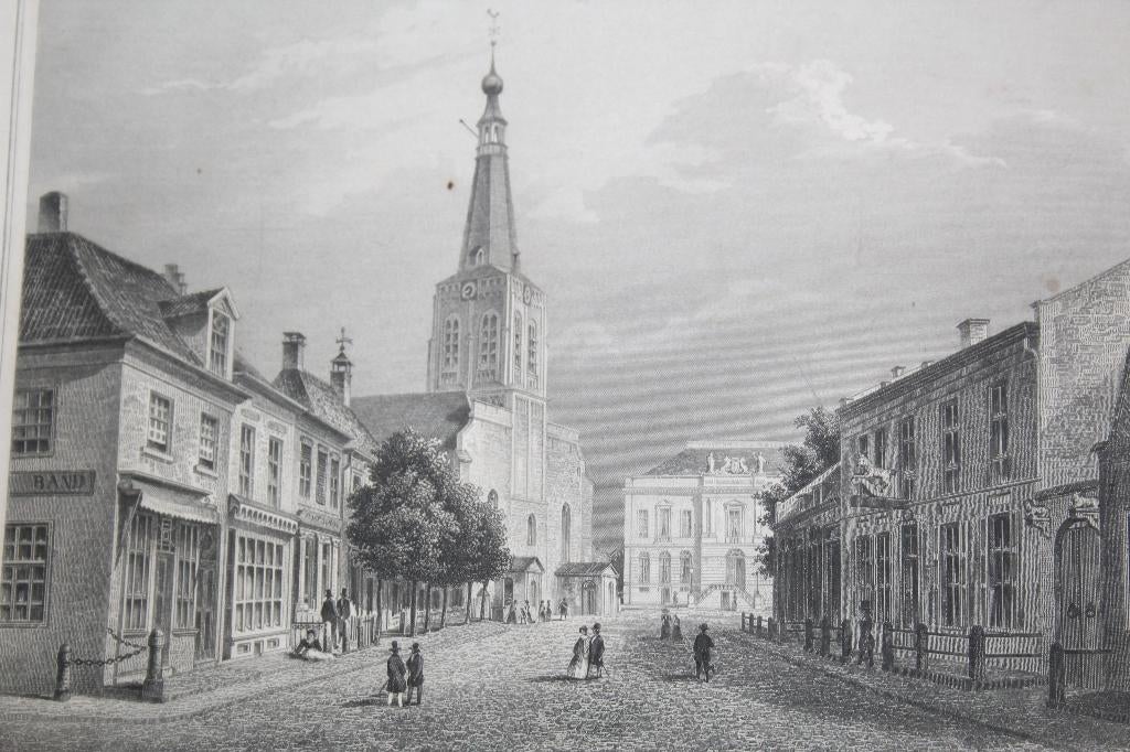 19e eeuwse ets (?) Markt, Groote Kerk en Stadhuis Tilburg, Antiek en Kunst, Ophalen of Verzenden