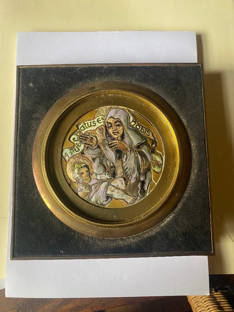 religieus kunstwerk, emaille in koperen lijst, Maria en Kind, Ophalen of Verzenden
