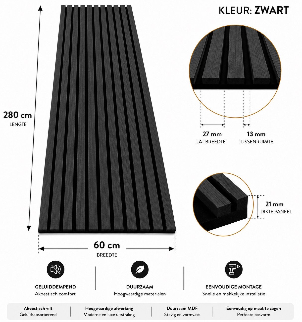 Akoestische wandpanelen 2800 x 60 cm - 27x13 mm - zwart, Geluiddempend, Hout, Meerkleurig, Nieuw