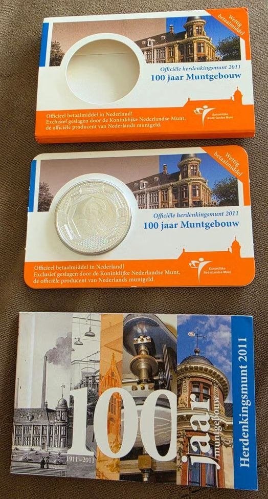 Herdenkingsmunt 100 jaar Muntgebouw 2011 zwaar verzilverd, Postzegels en Munten, Verzenden, Koningin Beatrix, Euro's, Losse munt