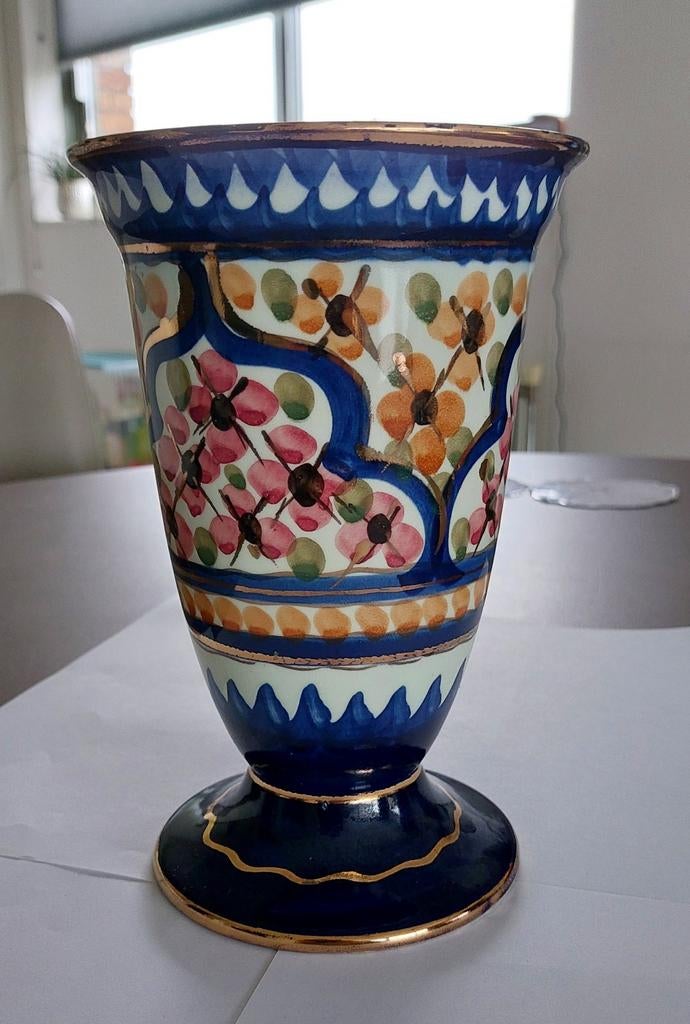 Majolica Voetvaas, Handbeschilderd Gouds Plateel, 21cm, Ophalen of Verzenden