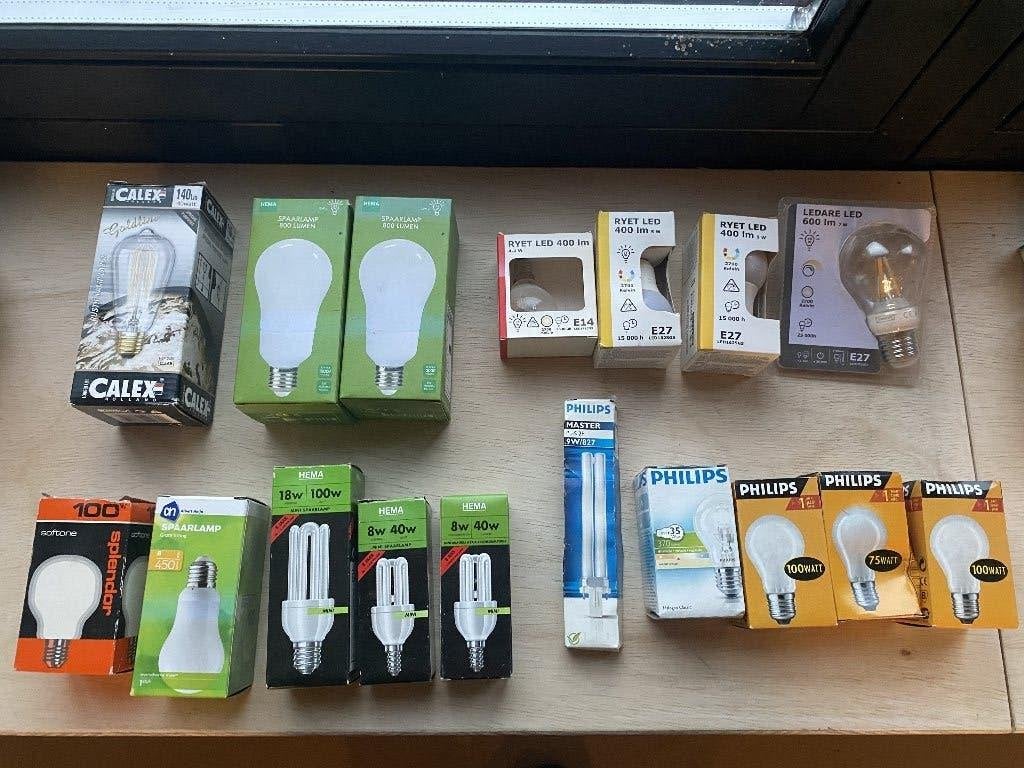 Partij van diverse Gloeilampen, Led-lamp, Gebruikt, 60 watt of meer, E27 (groot)