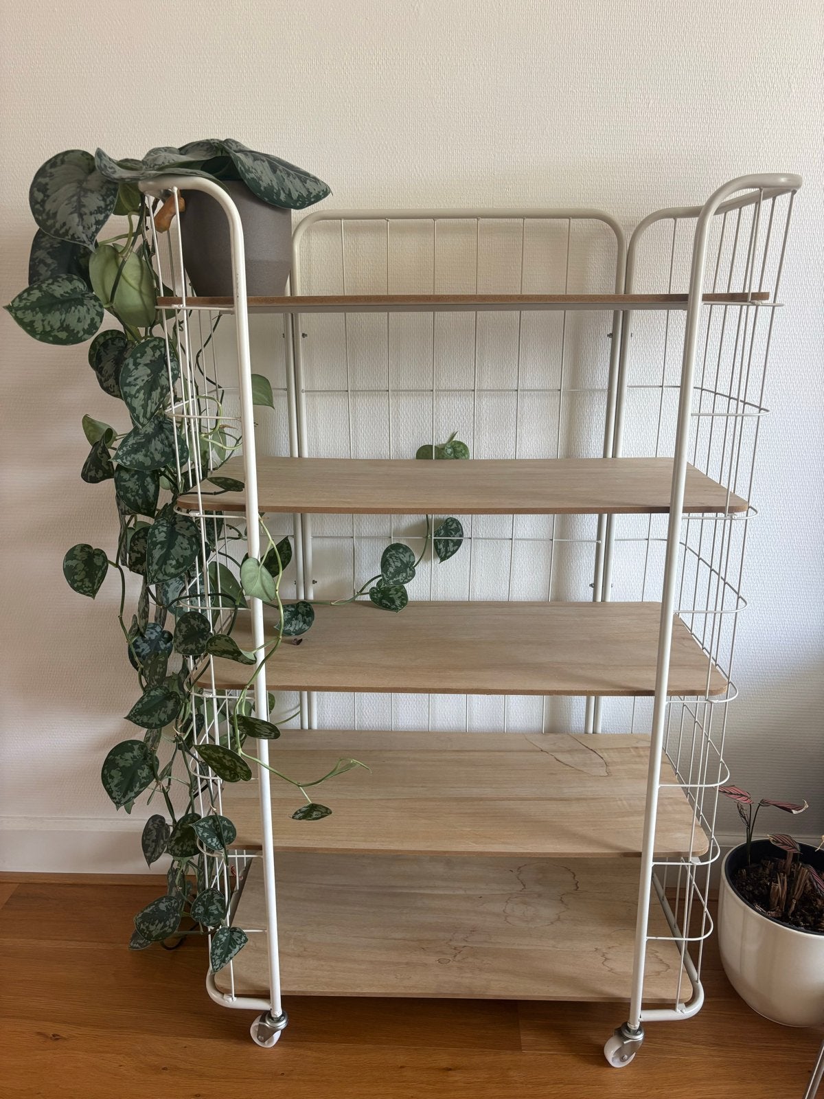 Verrijdbaar rek met 5 houten planken, Huis en Inrichting, Ophalen, Gebruikt