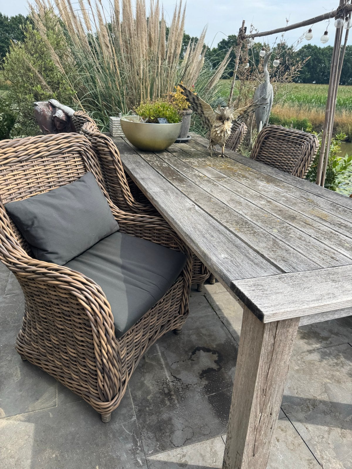 Teak tuinset: 3m tafel met 6 kunstof rotan stoelen, Ophalen, Gebruikt, Teakhout