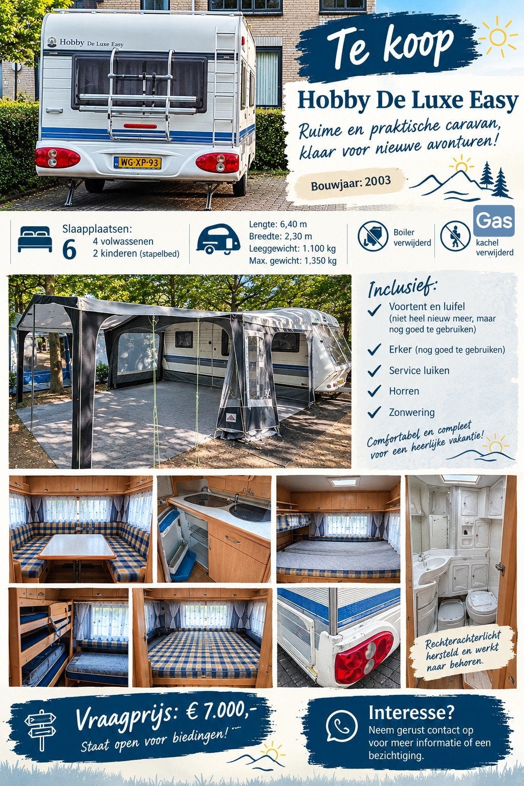 Hobby De Luxe caravan met stapelbed, rondzit en treinzit, Luifel, Rondzit, Hobby, Dwarsbed