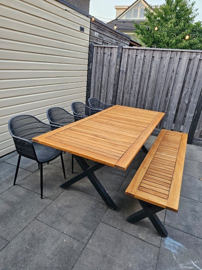 Luxe Yoi Wakai complete tuinset! / Tafel + bank + 4x stoelen, Ophalen, Teakhout, Zo goed als nieuw, Rechthoekig