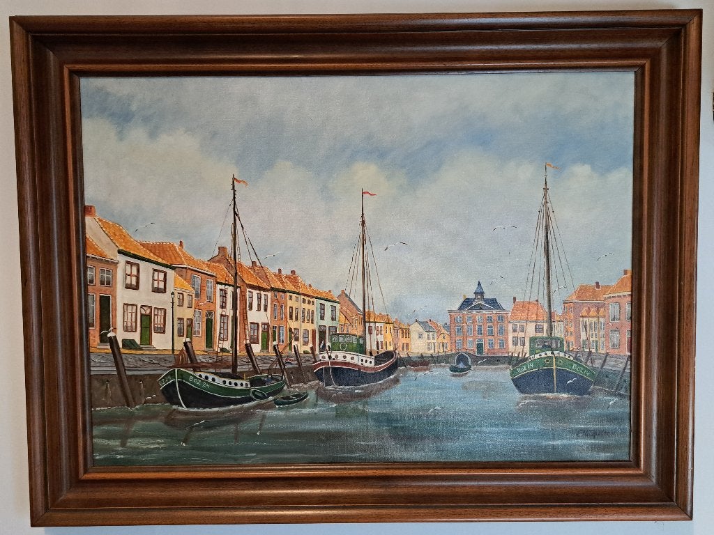 Olieverfschilderij haven Bergen op Zoom, Antiek en Kunst, Kunst | Schilderijen | Klassiek, Doek, Olieverf, Klassiek, Stads- / dorpsgezicht