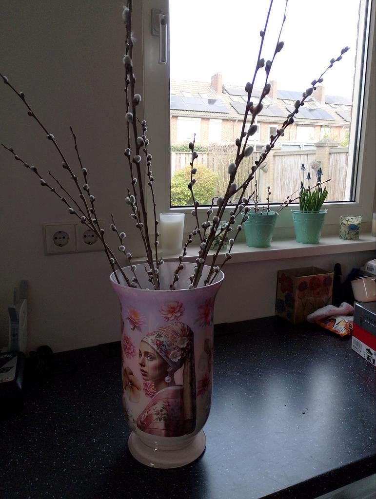 Grote vaas met reverse decoupage - Meisje met de parel, Gebruikt, Overige kleuren, Ophalen of Verzenden, Glas