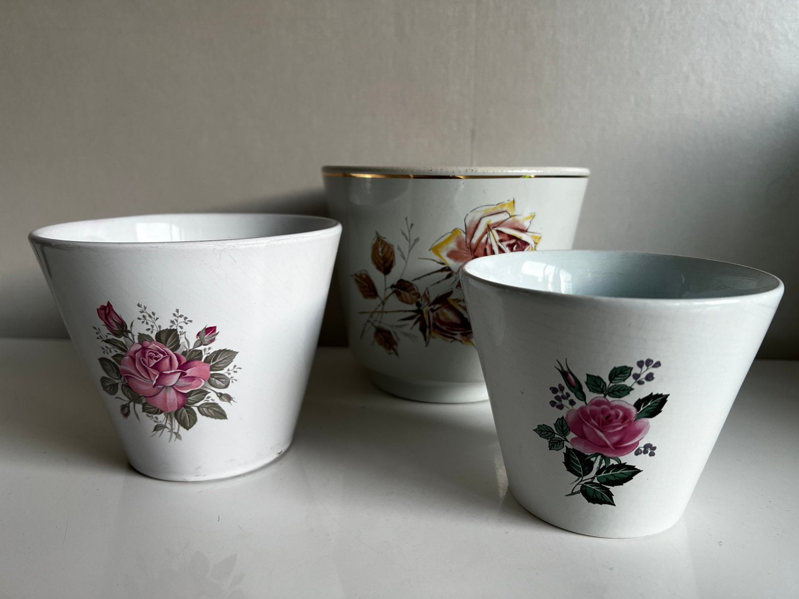3 Vintage ADCO Frankton Bloempotten met Rozenmotief 60’s, Ophalen of Verzenden