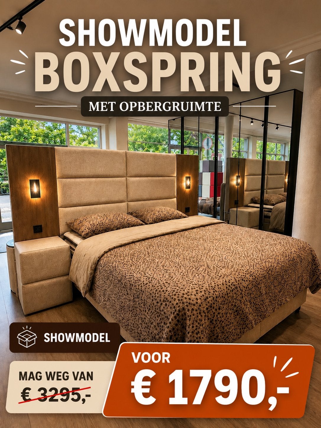 Showmodel Boxspring met opbergruimte - Diverse maten, Ophalen, Beige, Tweepersoons, Zo goed als nieuw