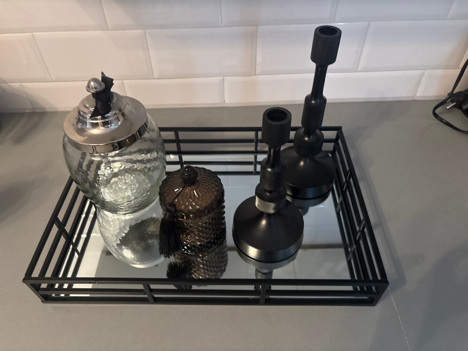 Decoratie schaal met kaarsen en snoeppot, Ophalen of Verzenden, Modern, Glas, Gebruikt