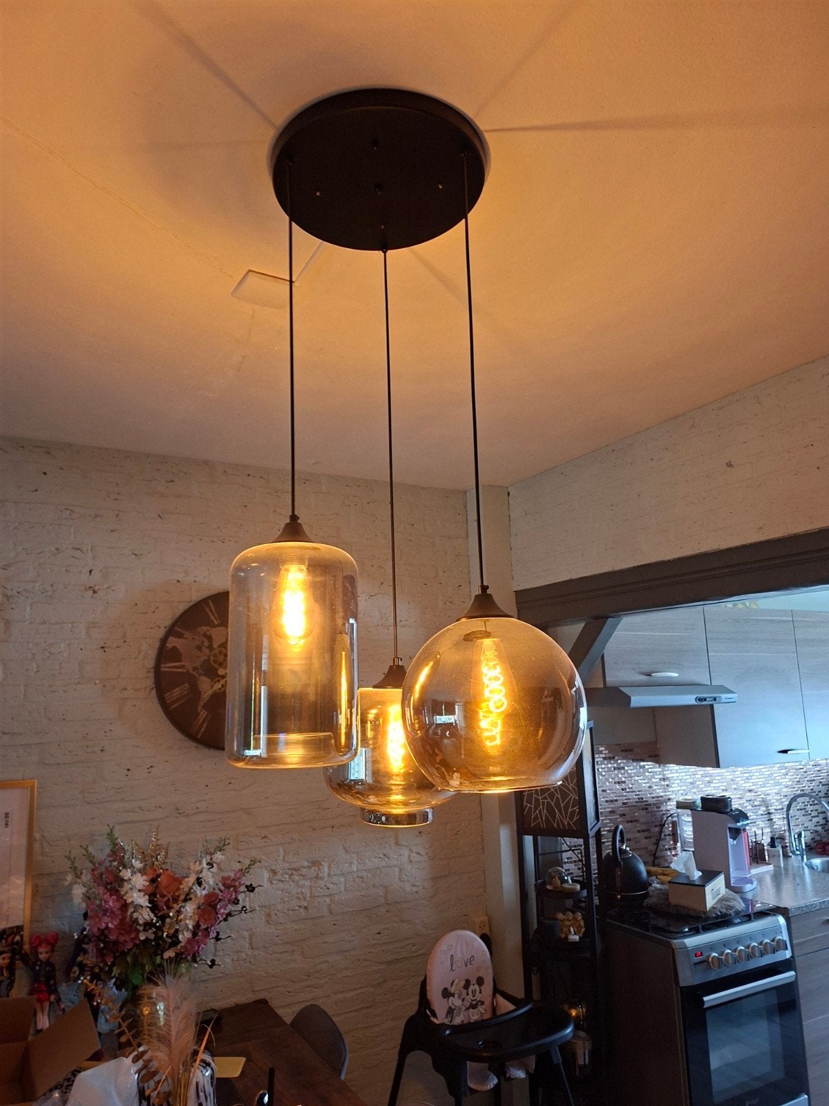 Moderne hanglamp met 3 glazen kappen - Zo goed als nieuw, Ophalen, Modern, Industrieel, E27 (groot), Zo goed als nieuw