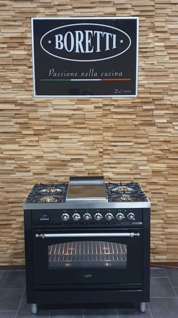 Luxe Boretti Fornuis 90cm hoogglans zwart + rvs 1 oven, Niet ingevuld, 60 cm of meer, Niet ingevuld, Ophalen of Verzenden