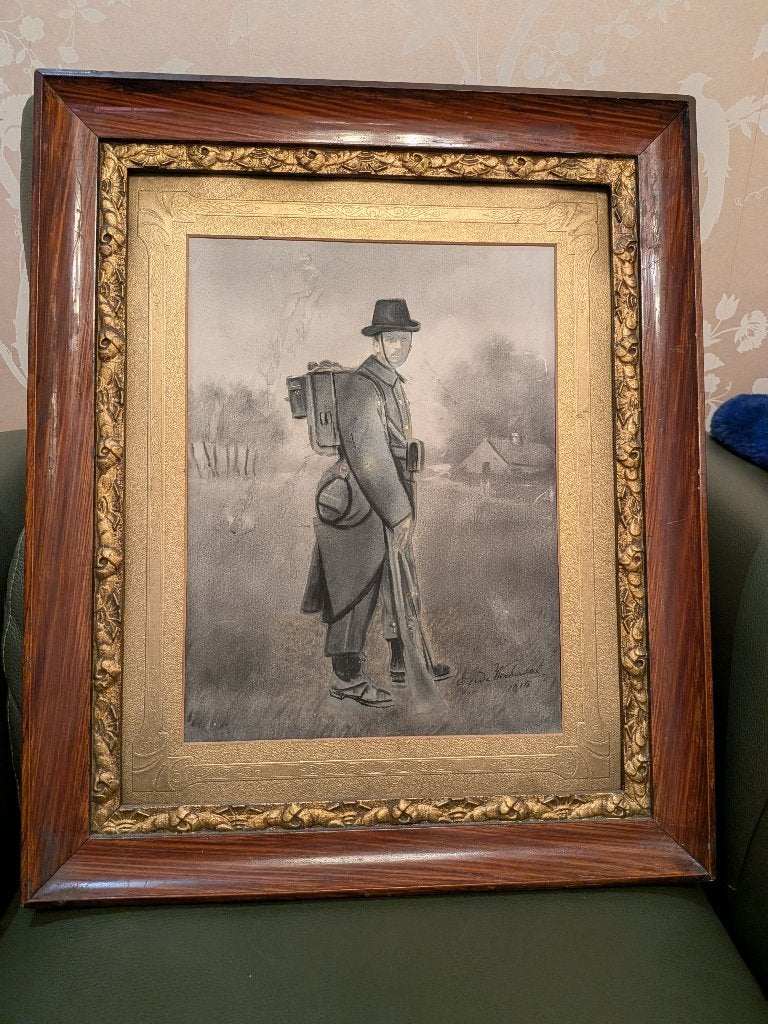 Antieke potloodtekening Belgische Karabinier in kader, 1915, Ophalen of Verzenden, Landmacht, Overige gebieden, Kunstobject