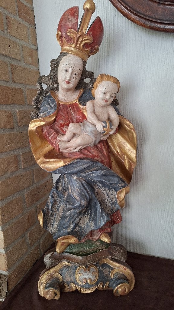 Antiek handgesneden houten beeld Maria met kind, 76cm, Ophalen of Verzenden