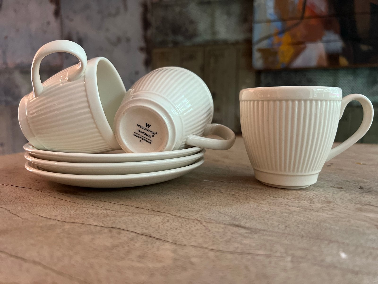 Drie Wedgwood Windsor koffiekopjes met schotels, Gebruikt, Klassiek, Ophalen of Verzenden, Kop(pen) en/of Schotel(s)