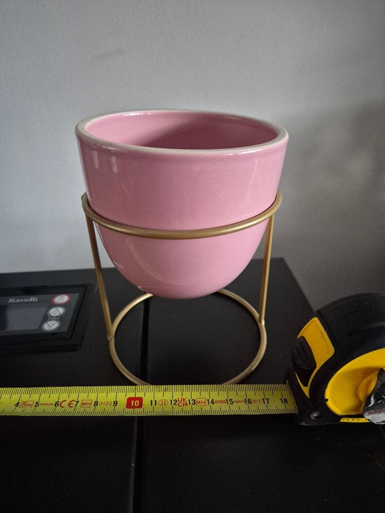 Roze bloempot op standaard, Ophalen, Rond, Zo goed als nieuw, Aardewerk