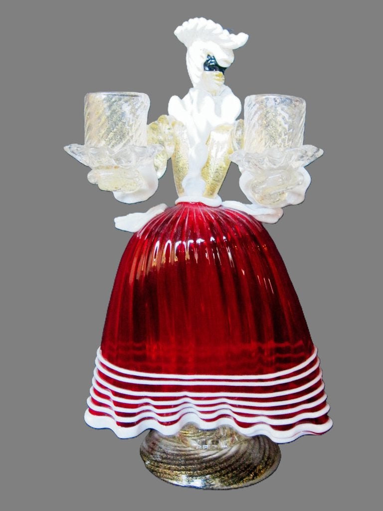 Italiaanse figurine kandelaar, gemaskerde courtisane, Ophalen, Koper of Brons