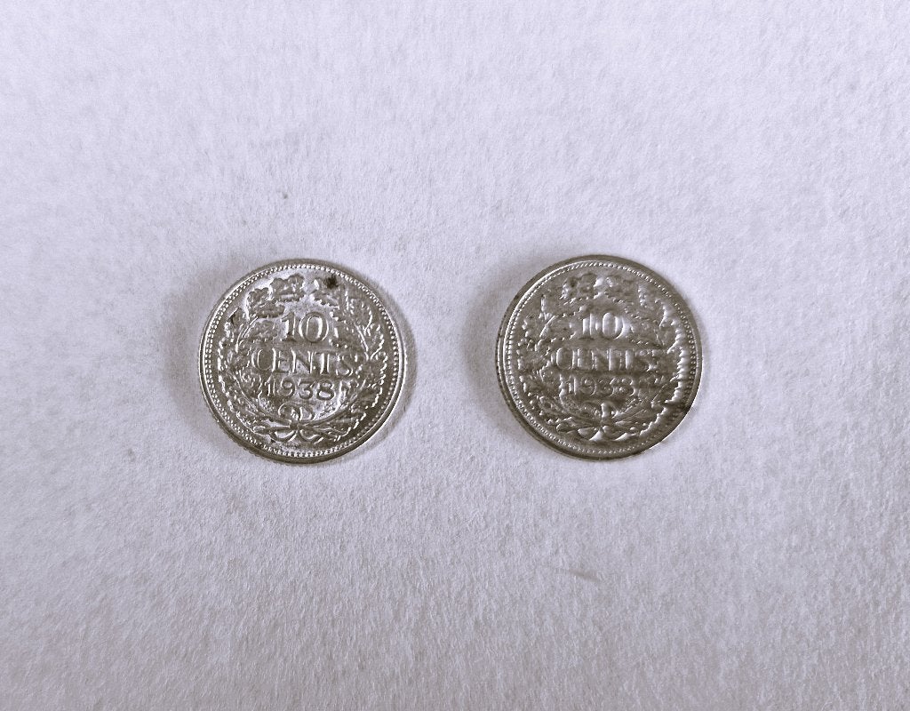 2 x 10 cent 1938 (zilver) en 1 cent 1928, Koningin Juliana, Setje, Zilver, Ophalen of Verzenden