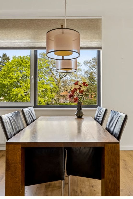 eettafel hanglamp met stoffen lampenkappen te koop, Ophalen, Metaal, E27 (groot), Zo goed als nieuw