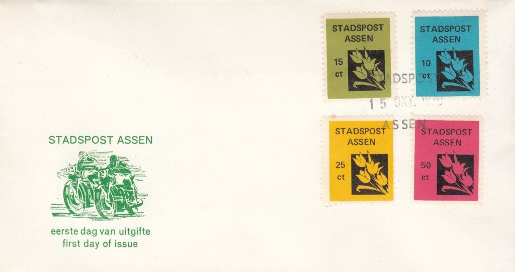 Cover Stadspost Assen met prachtige illustratie motoren, Postzegels en Munten, Brieven en Enveloppen | Nederland, Ophalen of Verzenden