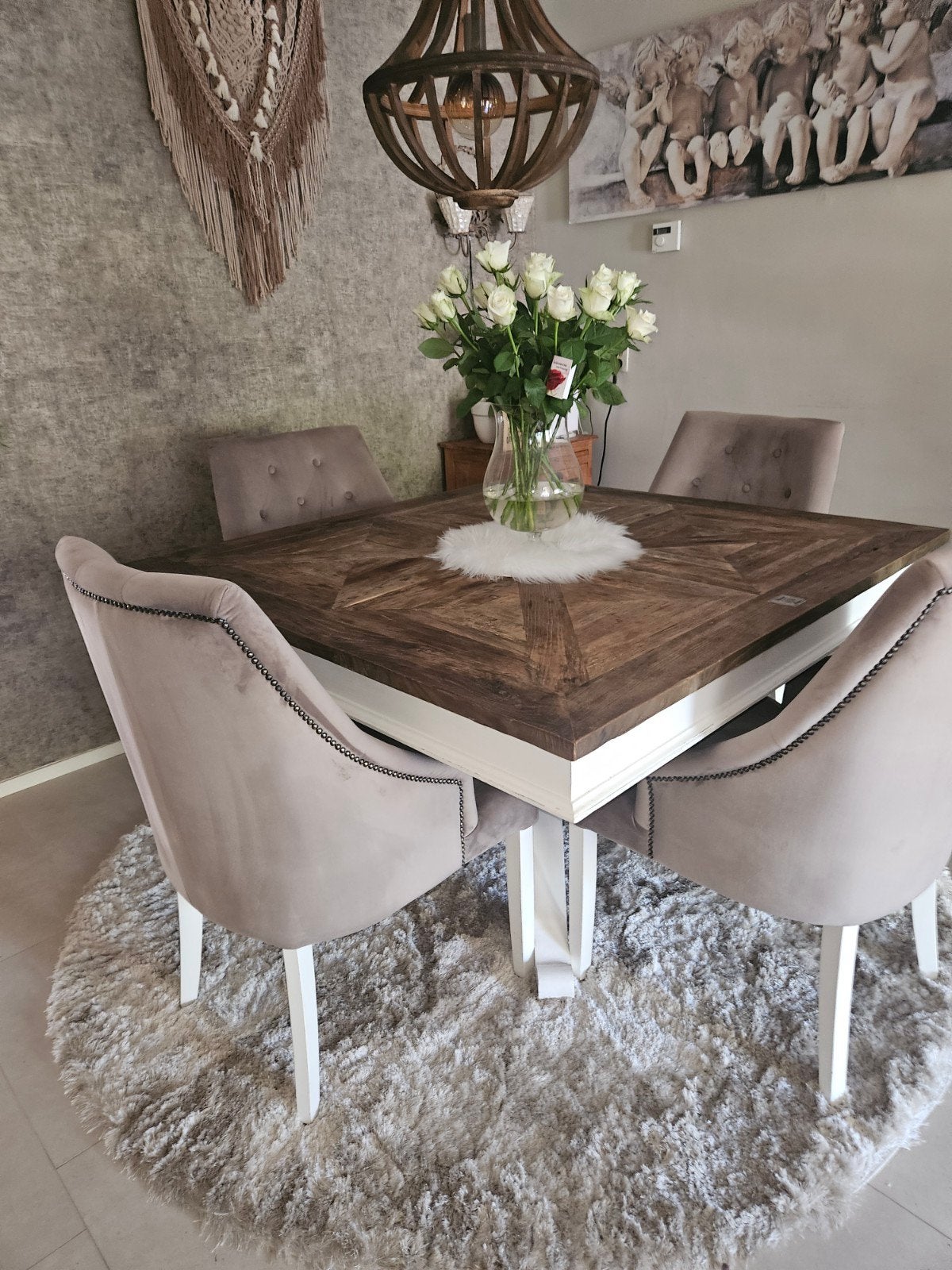 Riviera Maison eettafel met 4 stoelen, Ophalen, Eikenhout, 50 tot 100 cm, Vierkant