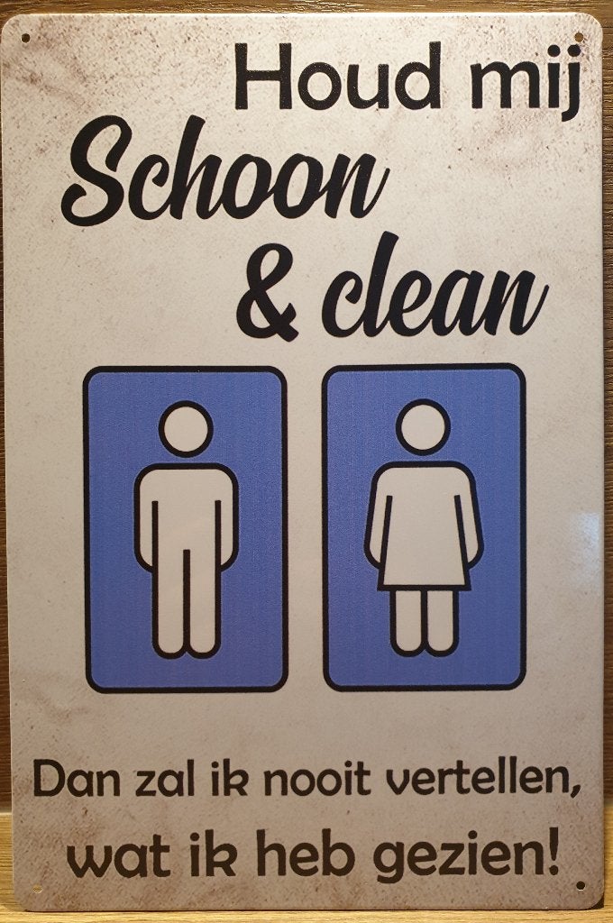 Wc Toilet schoon en clean reclamebord van metaal wandbord, Info@deconoord.nl, Deco Noord, Nieuw, Ophalen of Verzenden