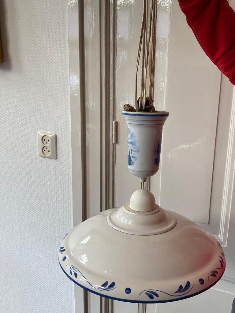 Brocante, antieke katrolllamp Delfts blauwe sfeer, Ophalen of Verzenden